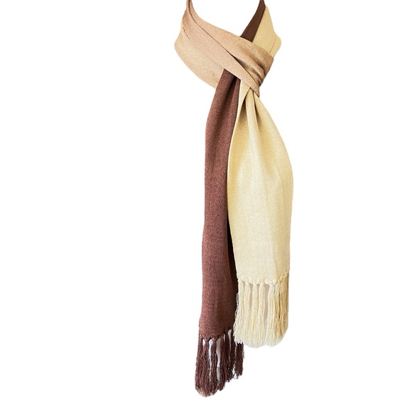 VINTAGE SCARF 80s Ombre 3-tone Tan Brown and Cream Knit Jersey w Fringe - Picture 6 of 15